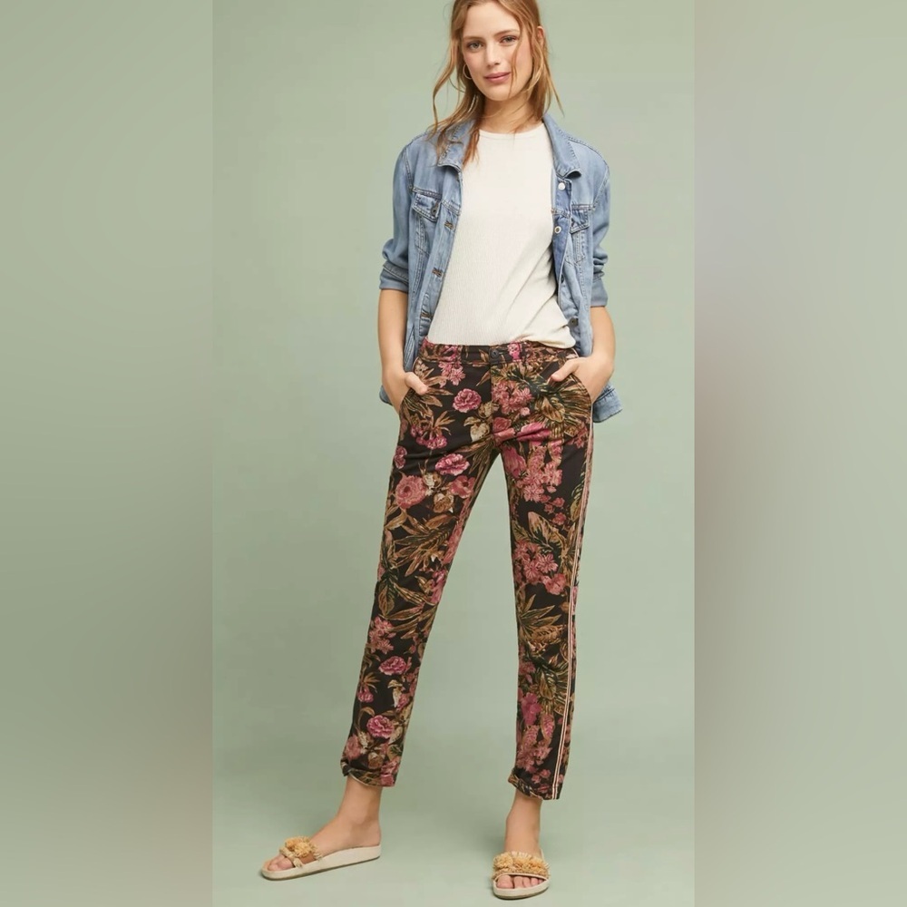 Anthropologie Floral Ankle Pants in Black with Pink & Green Print